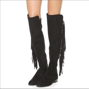 Stuart Weitzman OTK black suede boots with fringe